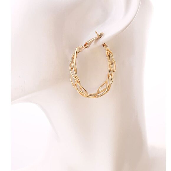 Gold Braid Twist Hoop Earrings Lightweight Stylish Swirl Classic Fashion Jewelry - Picture 4 of 4